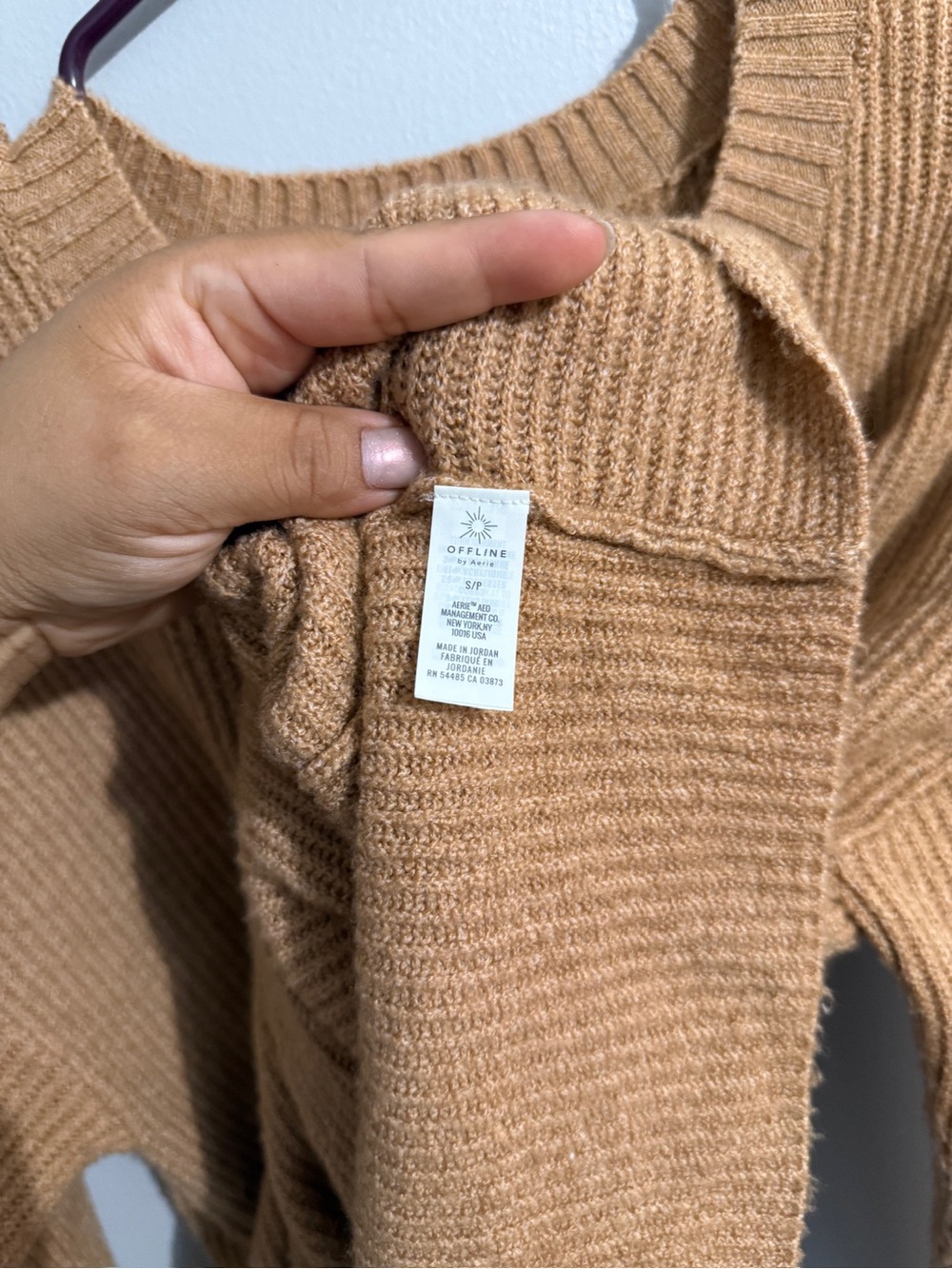 Aerie Sweater Womens Large Offline Knotted Front Crewneck Camel Slouchy Shoulder - Picture 8 of 10